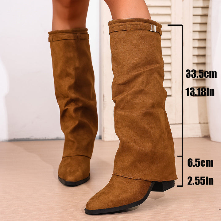 Women's knee-high slouch boots with pointed toes and low block heels