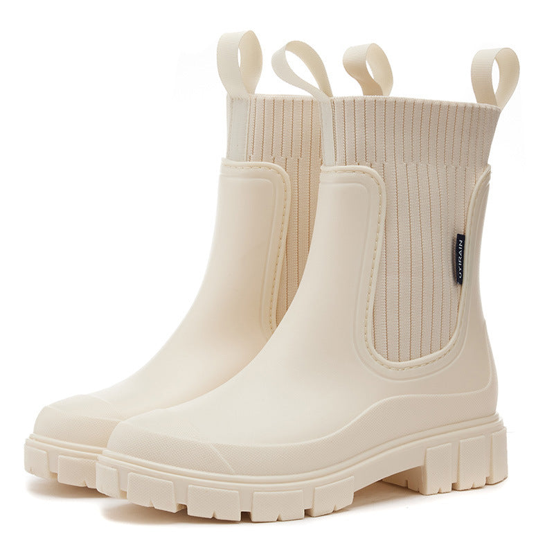 Women's Chelsea-style ankle rain boots with lug sole