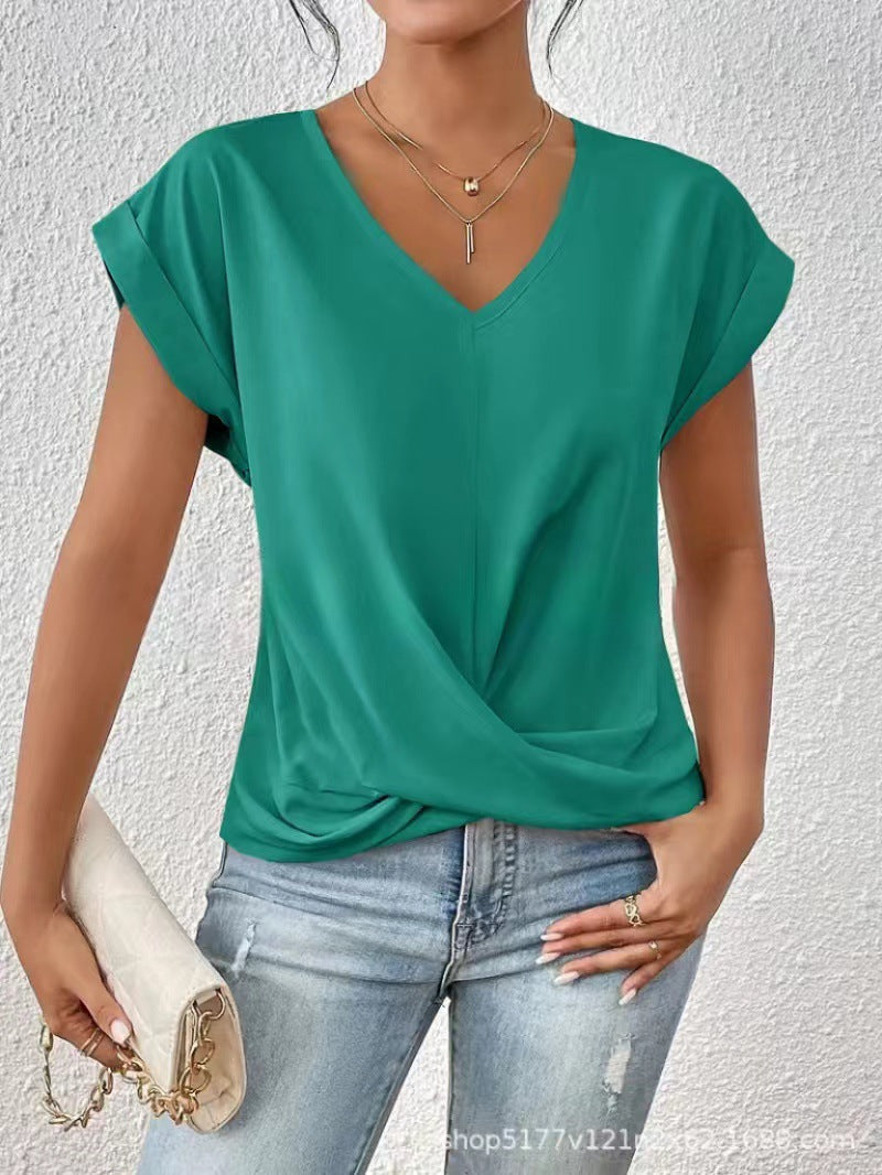 Women's v-neck short sleeve t-shirt with wrap front in mauve