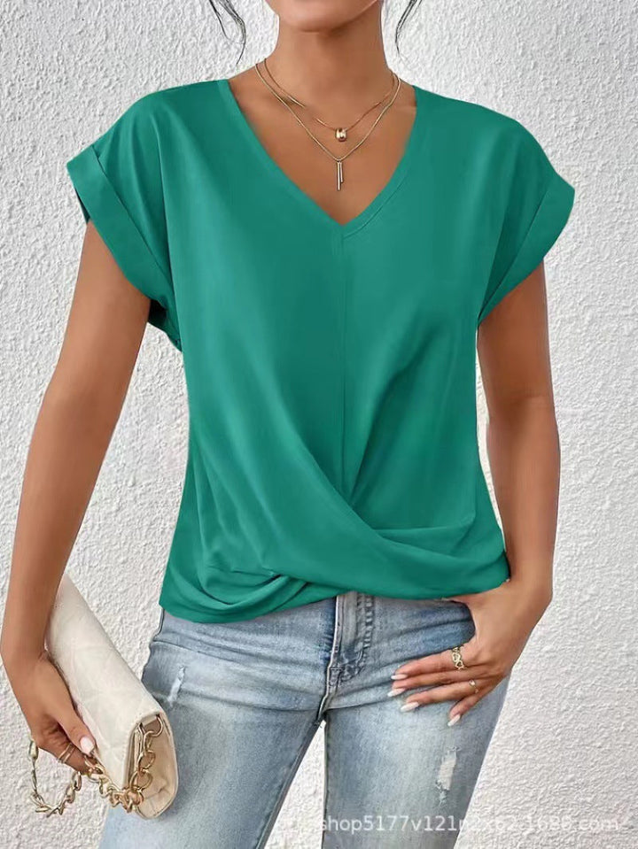 Women's v-neck short sleeve t-shirt with wrap front in mauve
