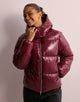 Women's glossy quilted puffer jacket with hood and front zip