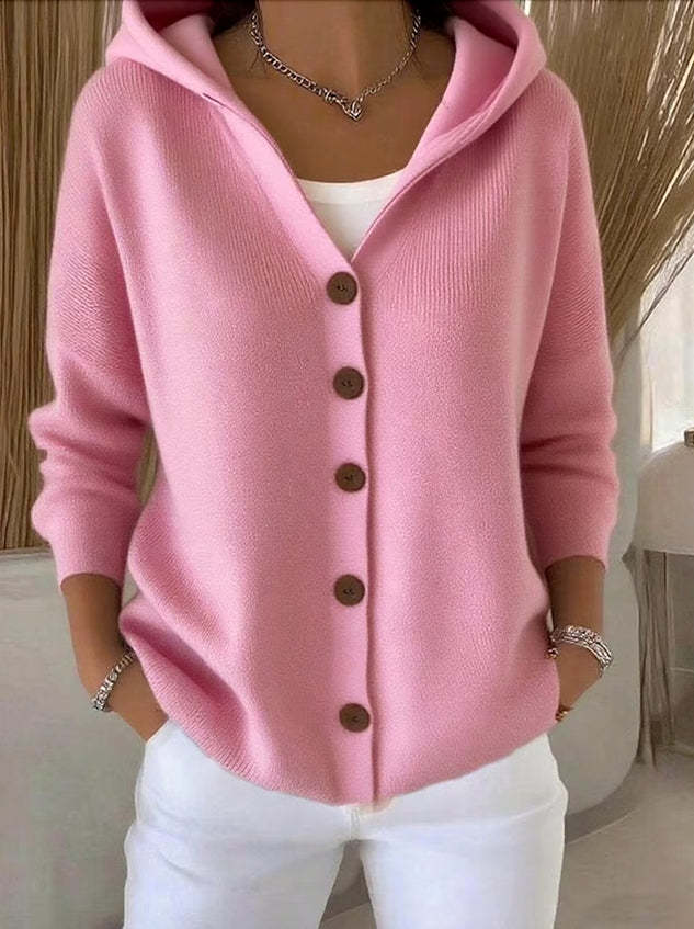 Women's hooded button cardigan with colorful patchwork pattern