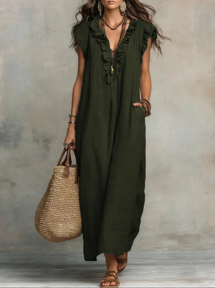 Women's bohemian maxi dress with V-neck ruffled front, short sleeves and side pockets in grey and green