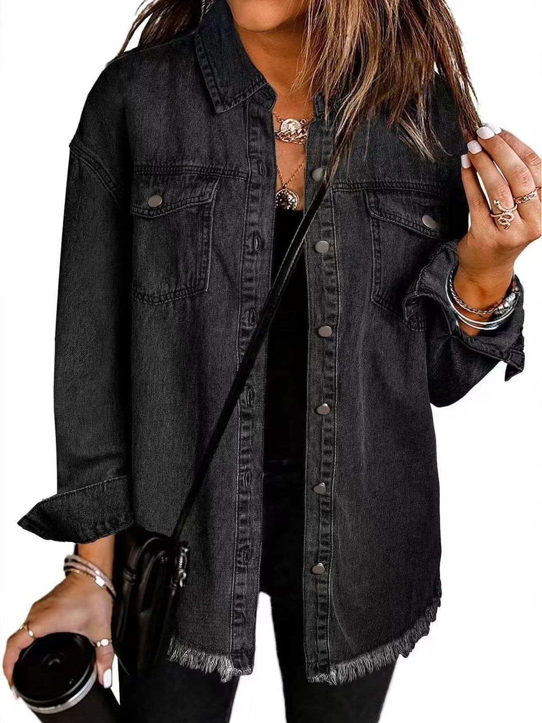 Women's collared denim jacket with chest pockets