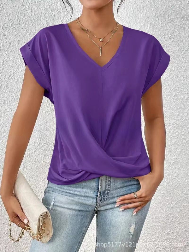 Women's v-neck short sleeve t-shirt with wrap front in mauve