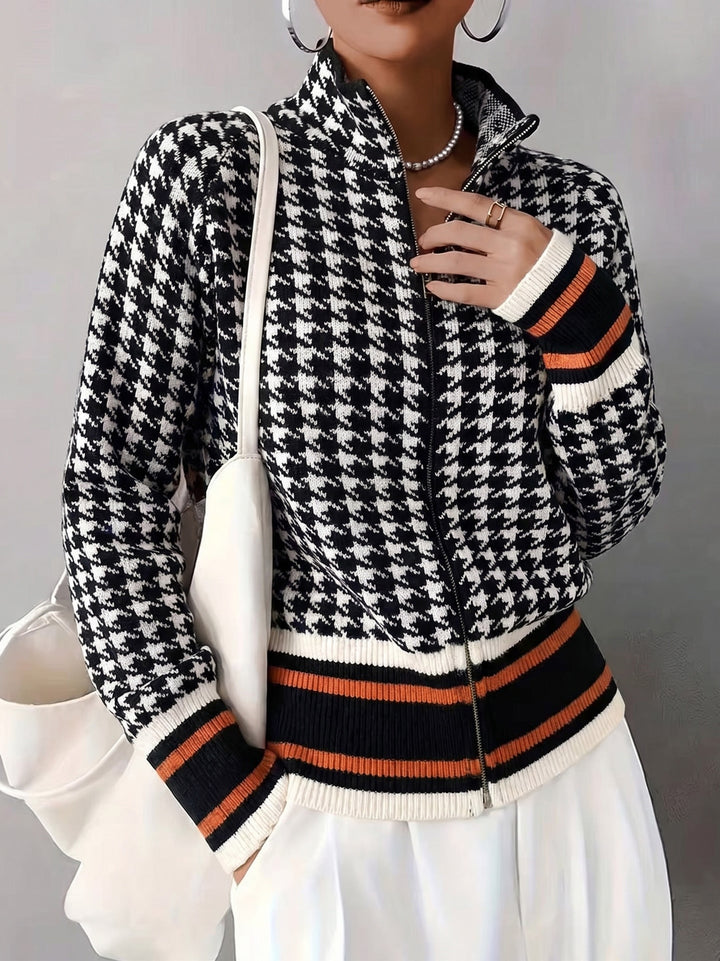 Women's houndstooth zip cardigan with stand collar and striped ribbed trims