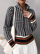 Women's houndstooth zip cardigan with stand collar and striped ribbed trims