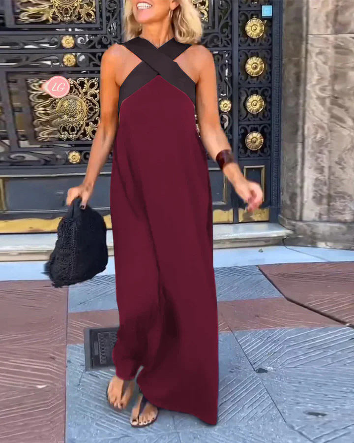 Women's sleeveless maxi dress with crossed halter neckline in black and white colourway