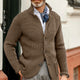 Men's textured knit cardigan with stand collar, buttons and long sleeves