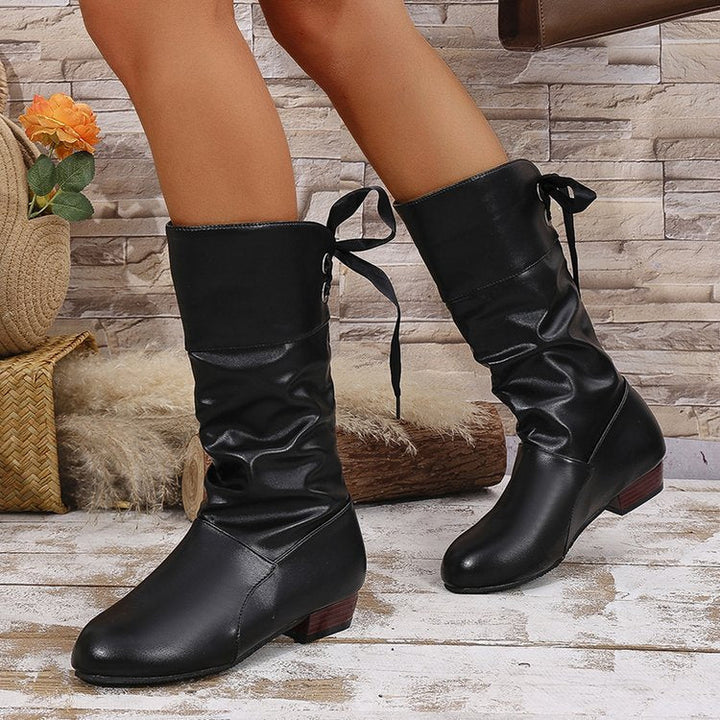 Women's ruched knee-high boots with round toes, lace tie details and low block heels