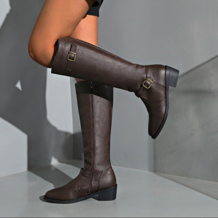 Women's knee-high riding boots with buckle straps and low block heels