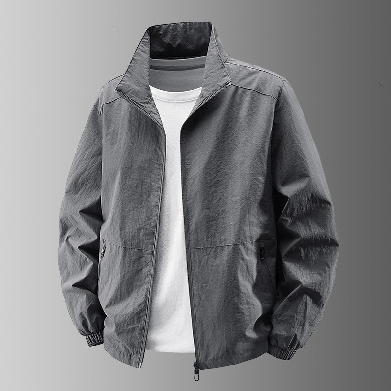 Men's solid bomber jacket with stand collar, zip front and zipped pockets