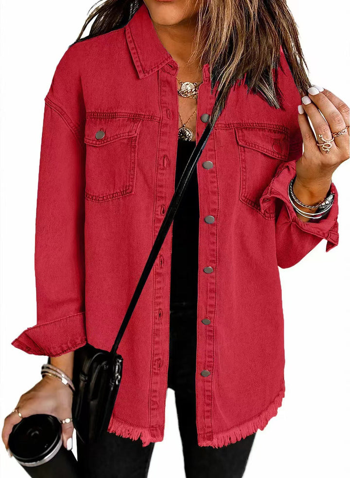 Women's collared denim jacket with chest pockets