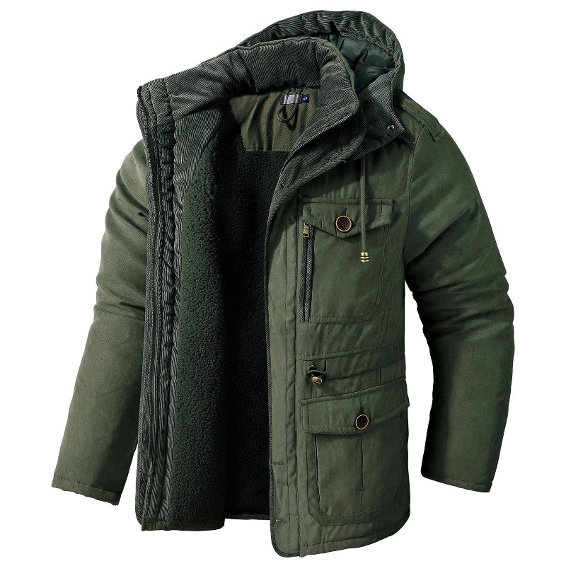 Men's hooded fleece-lined winter parka with utility pockets