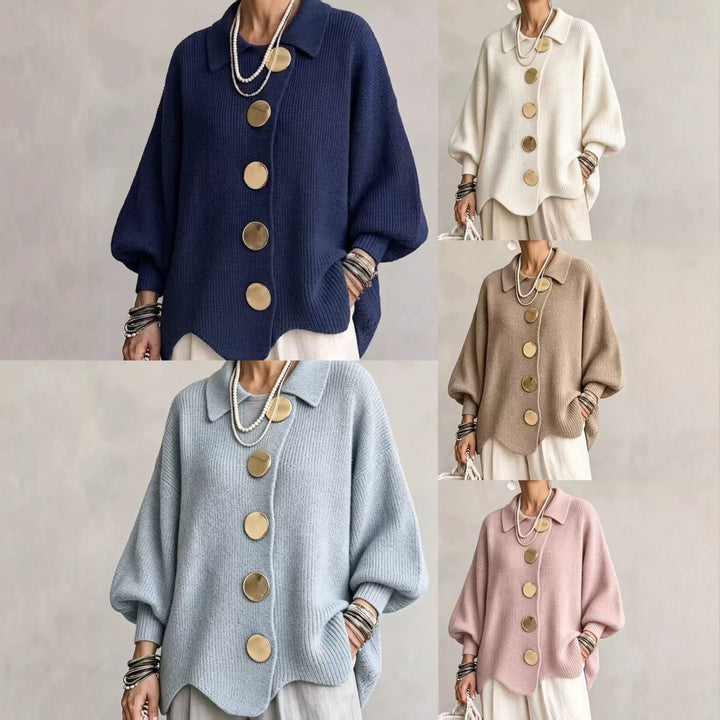 Women's oversized textured collared cardigan with large buttons and curved hem