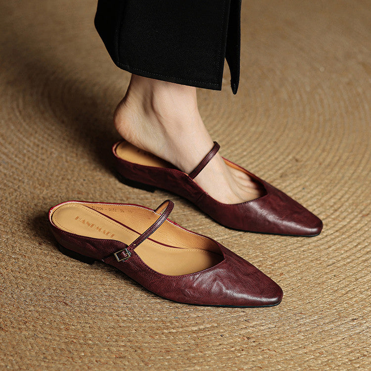 Women's pointed Mary Jane mule flats with buckle strap