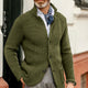 Men's textured knit cardigan with stand collar, buttons and long sleeves