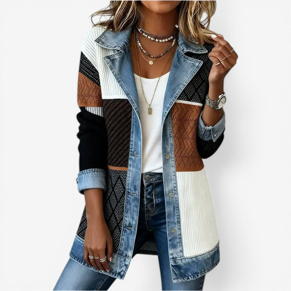 Women's longline knit jacket with denim trim and patterned panels