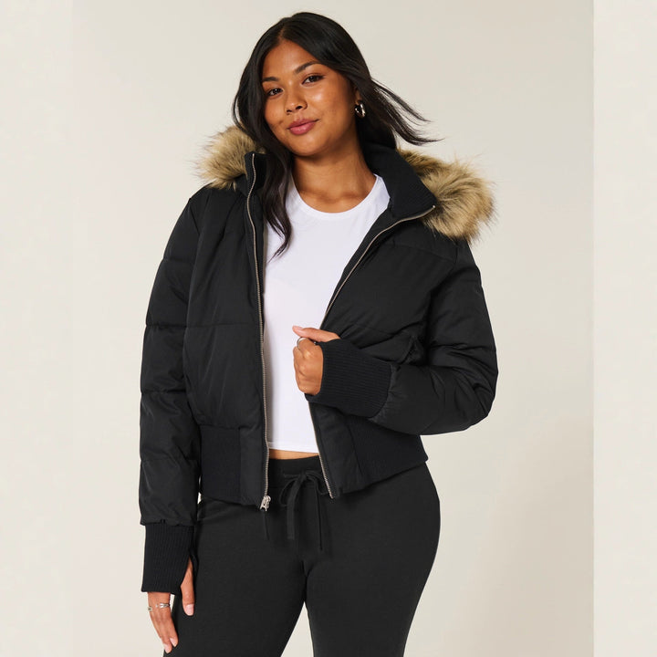 Women's quilted winter coat with removable hood