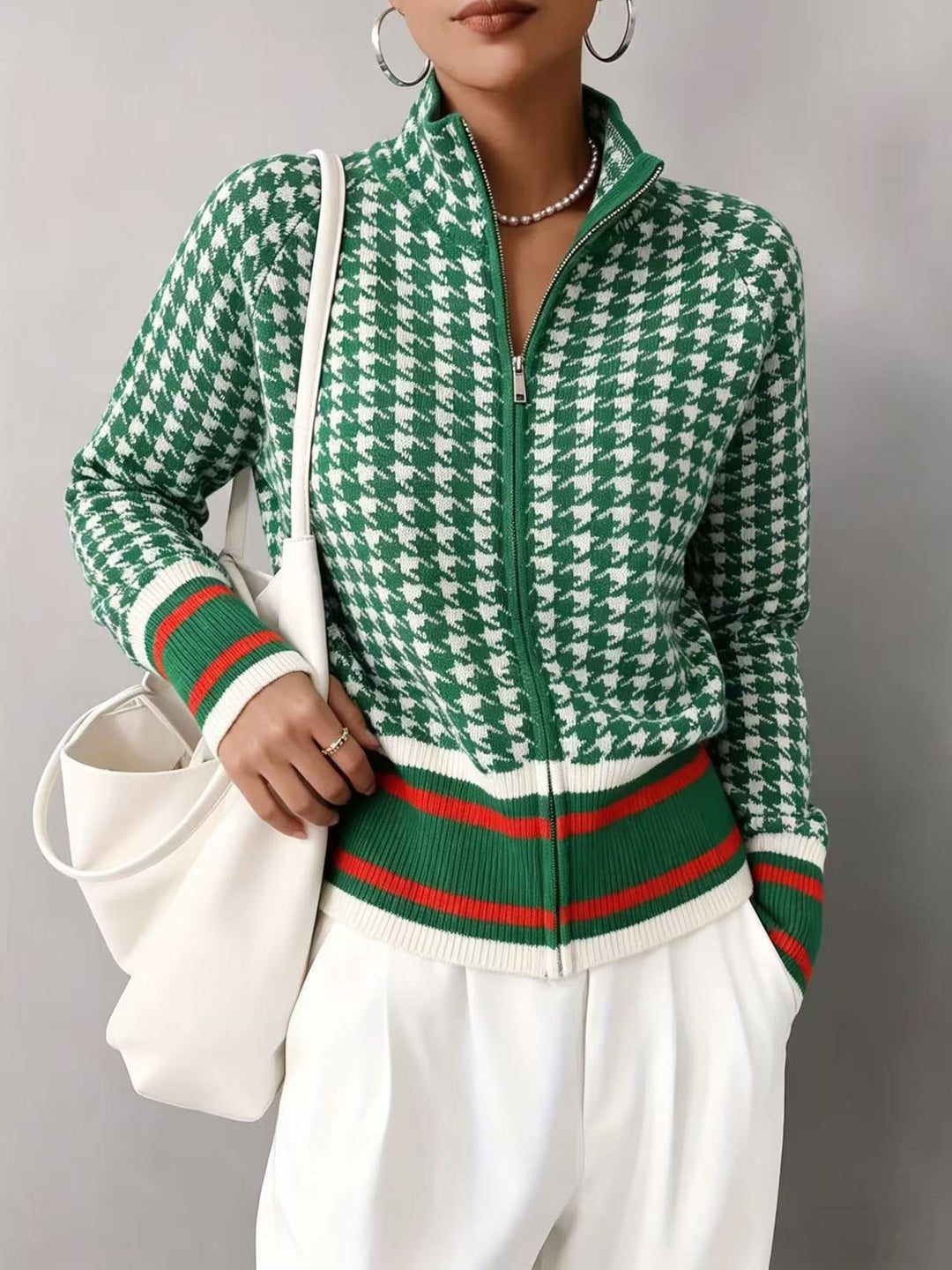 Women's houndstooth zip cardigan with stand collar and striped ribbed trims