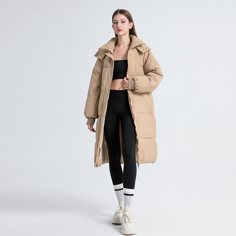Women's long hooded quilted puffer coat with zip front and side pockets