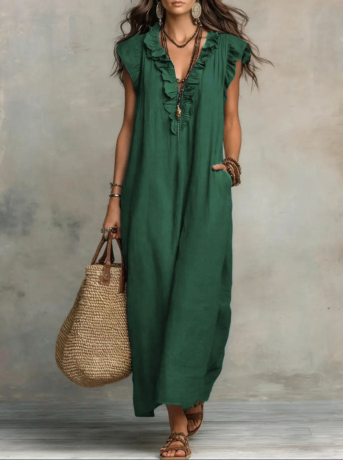Women's bohemian maxi dress with V-neck ruffled front, short sleeves and side pockets in grey and green