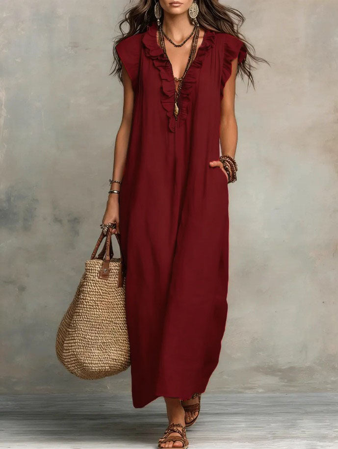 Women's bohemian maxi dress with V-neck ruffled front, short sleeves and side pockets in grey and green