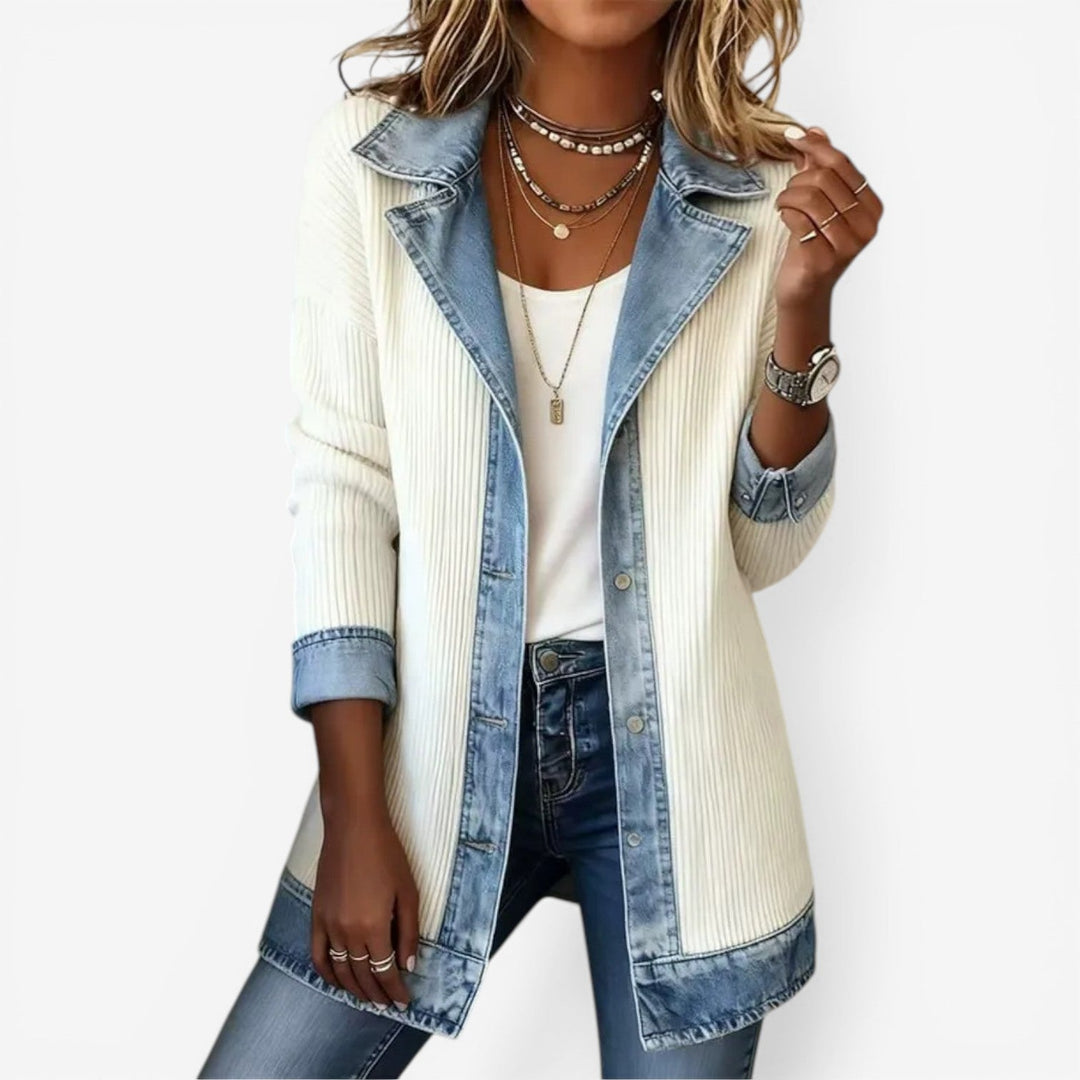Women's longline knit jacket with denim trim and patterned panels