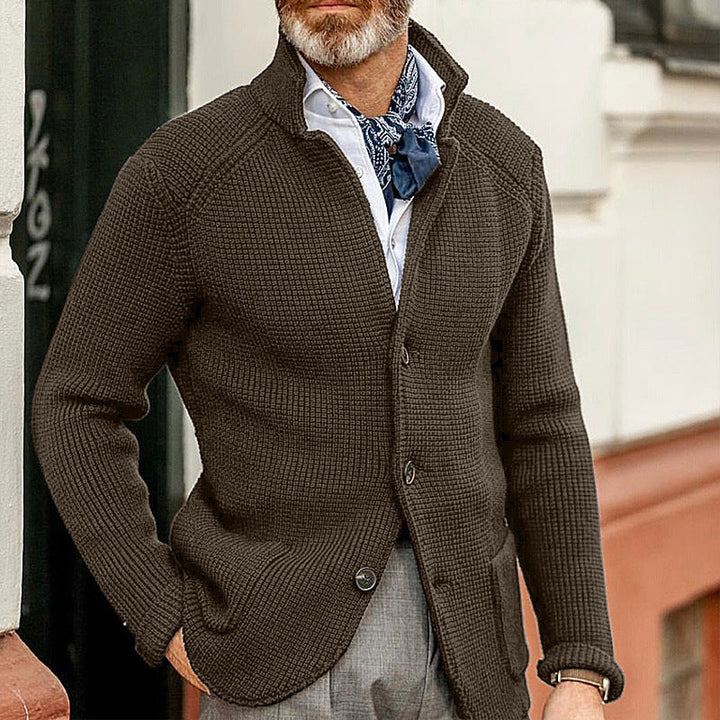Men's textured knit cardigan with stand collar, buttons and long sleeves