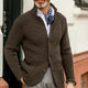 Men's textured knit cardigan with stand collar, buttons and long sleeves