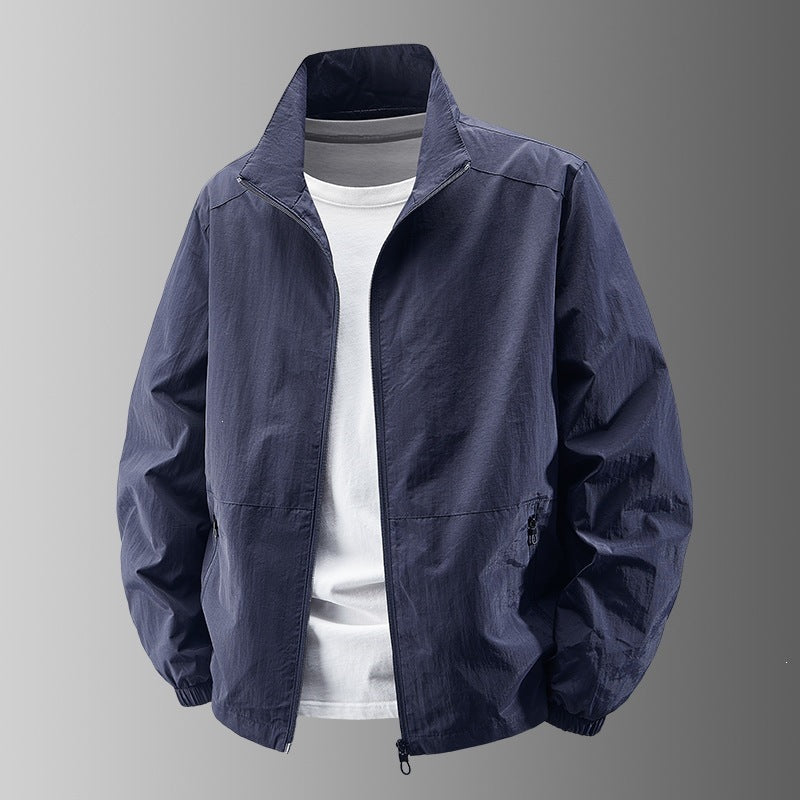 Men's solid bomber jacket with stand collar, zip front and zipped pockets
