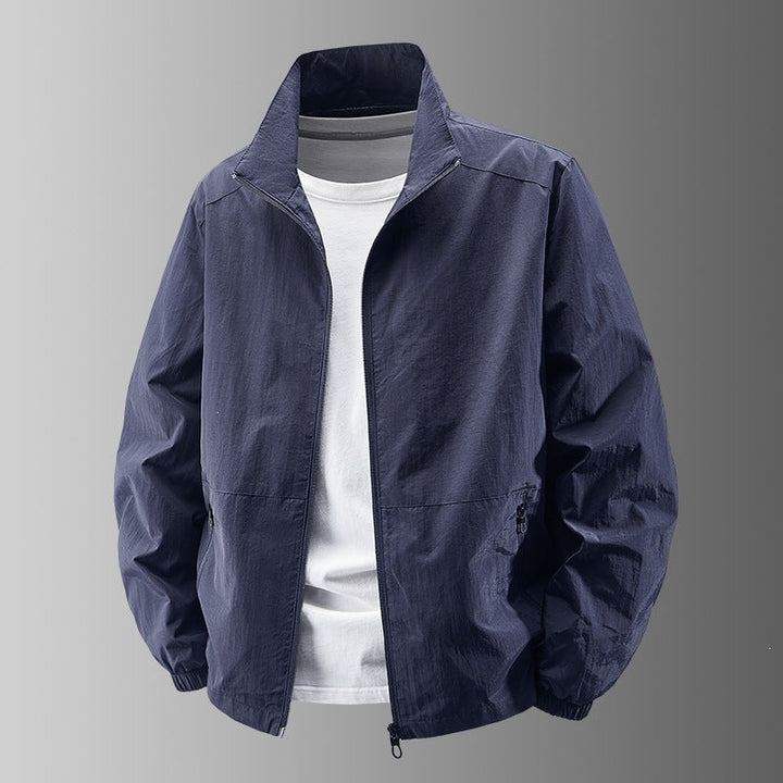 Men's solid bomber jacket with stand collar, zip front and zipped pockets