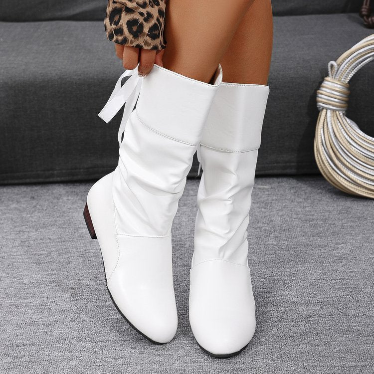 Women's ruched knee-high boots with round toes, lace tie details and low block heels