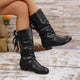 Women's ruched knee-high boots with round toes, lace tie details and low block heels