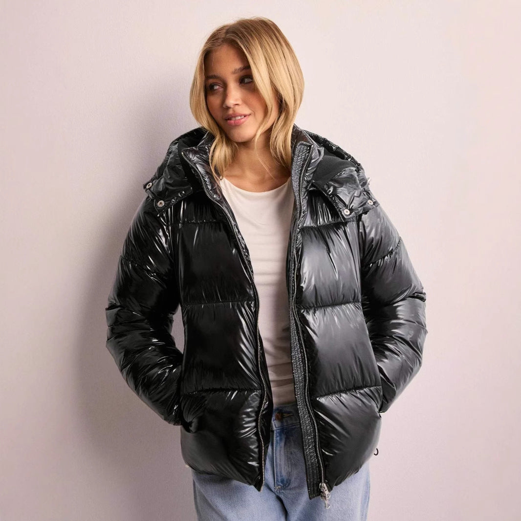 Women's glossy quilted puffer jacket with hood and front zip