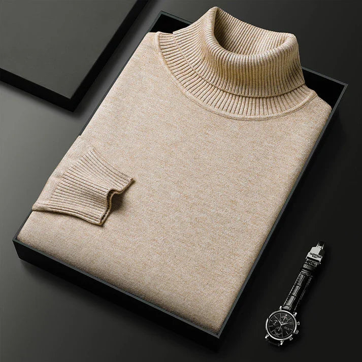 Plain ribbed turtleneck sweater folded in a presentation box