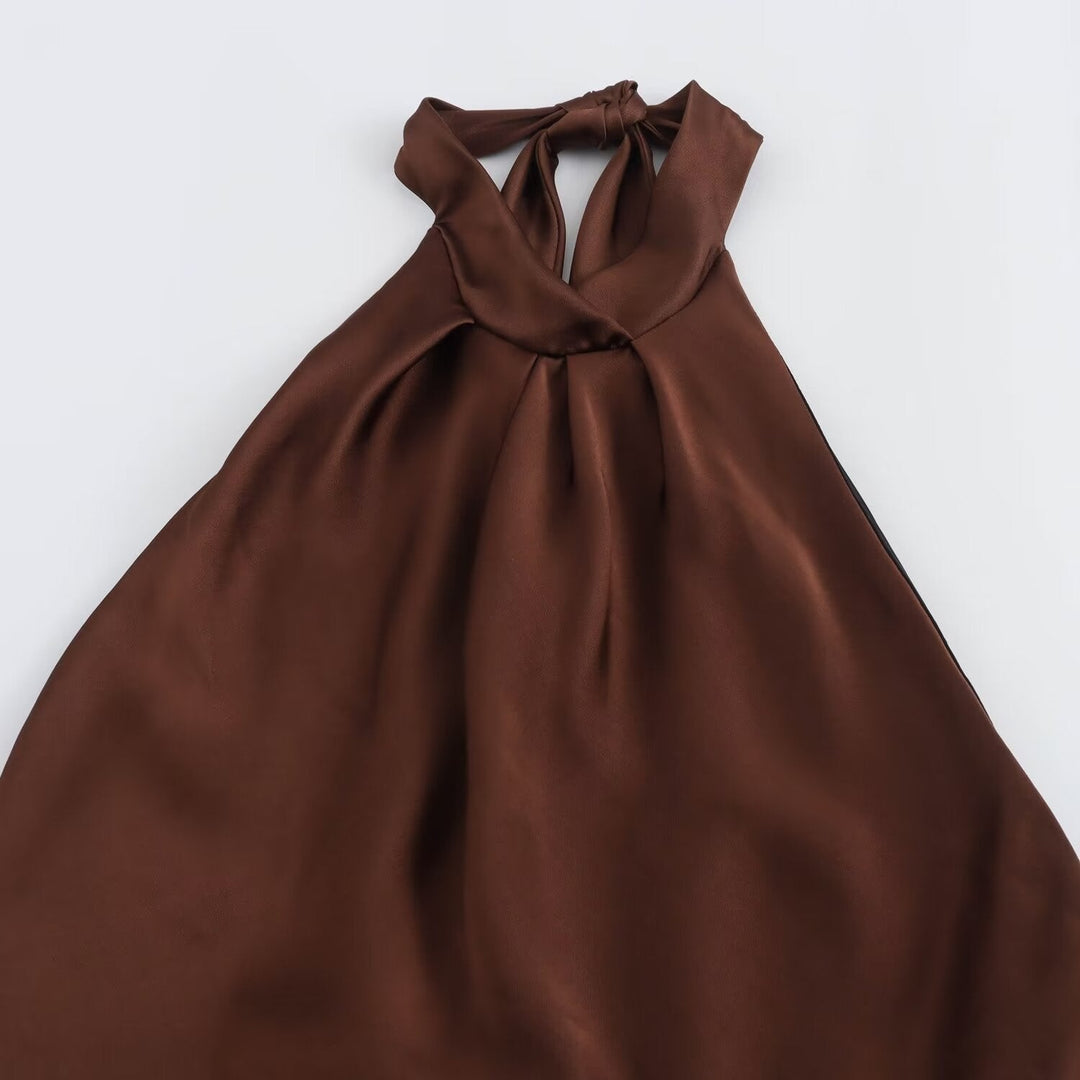Women's brown sleeveless halter maxi dress with a slim floor-length silhouette