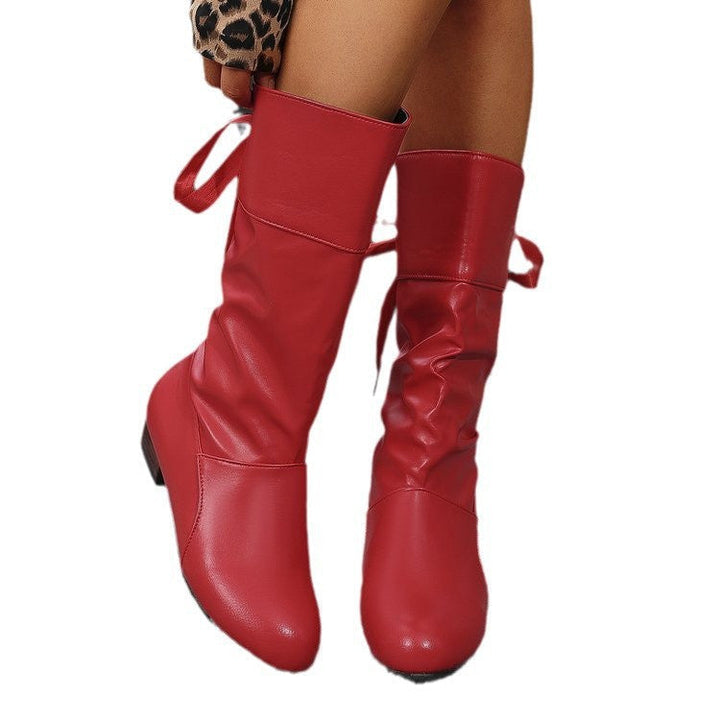 Women's ruched knee-high boots with round toes, lace tie details and low block heels