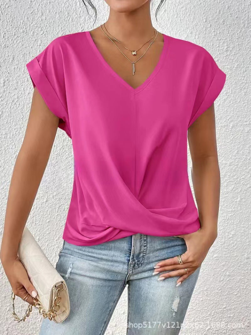 Women's v-neck short sleeve t-shirt with wrap front in mauve