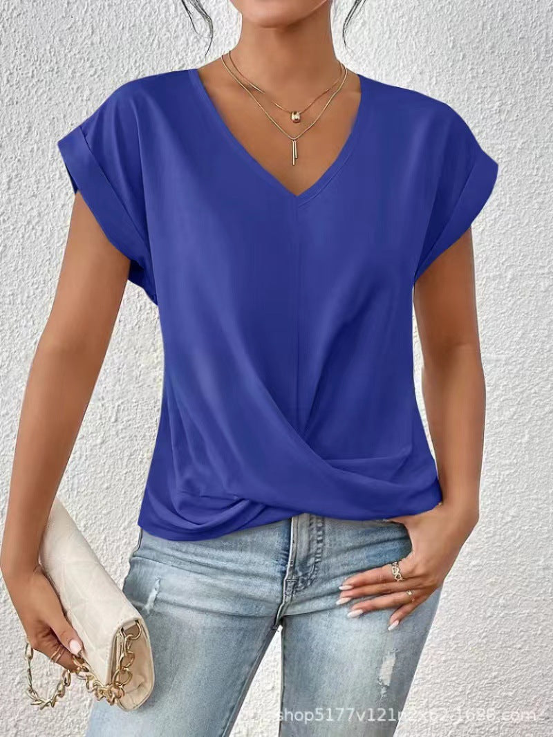 Women's v-neck short sleeve t-shirt with wrap front in mauve