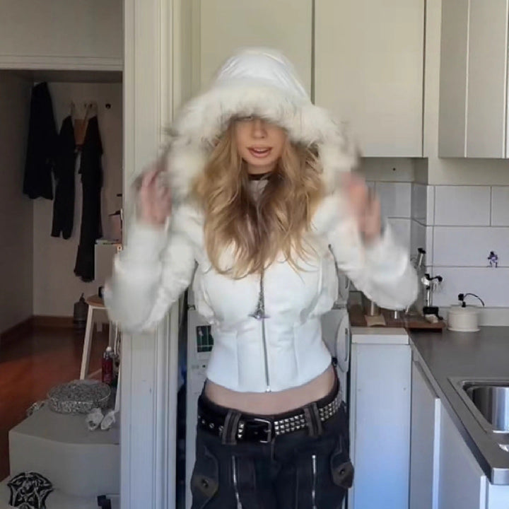 Women's quilted winter coat with removable hood