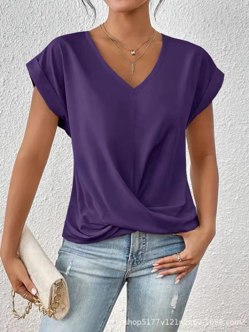 Women's v-neck short sleeve t-shirt with wrap front in mauve