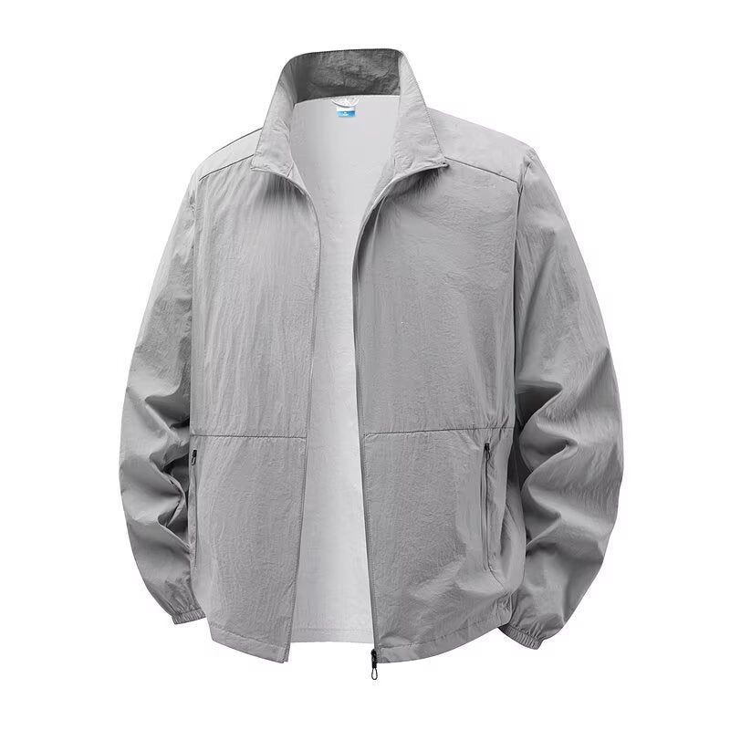 Men's solid bomber jacket with stand collar, zip front and zipped pockets