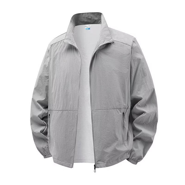 Men's solid bomber jacket with stand collar, zip front and zipped pockets