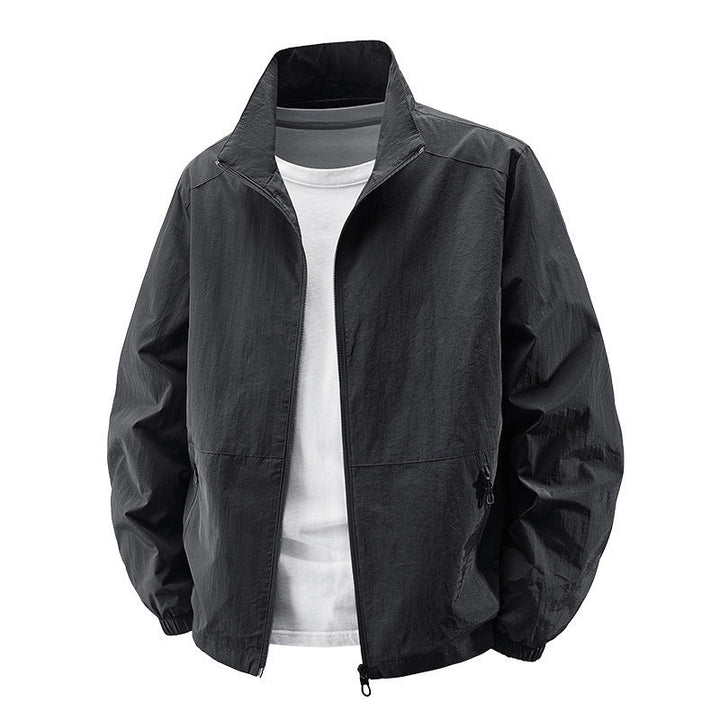 Men's solid bomber jacket with stand collar, zip front and zipped pockets