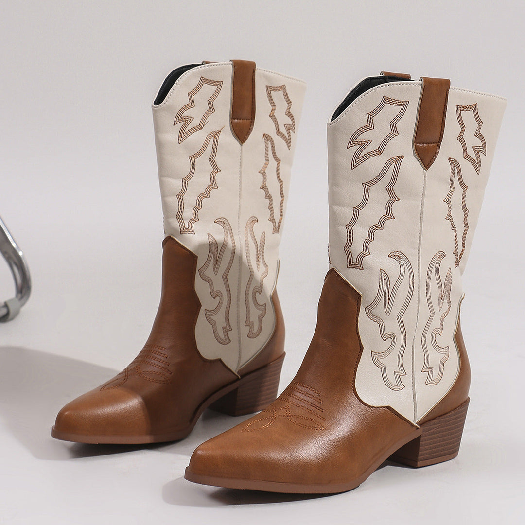 Women's Western cowboy boots with embroidered shafts and block heels