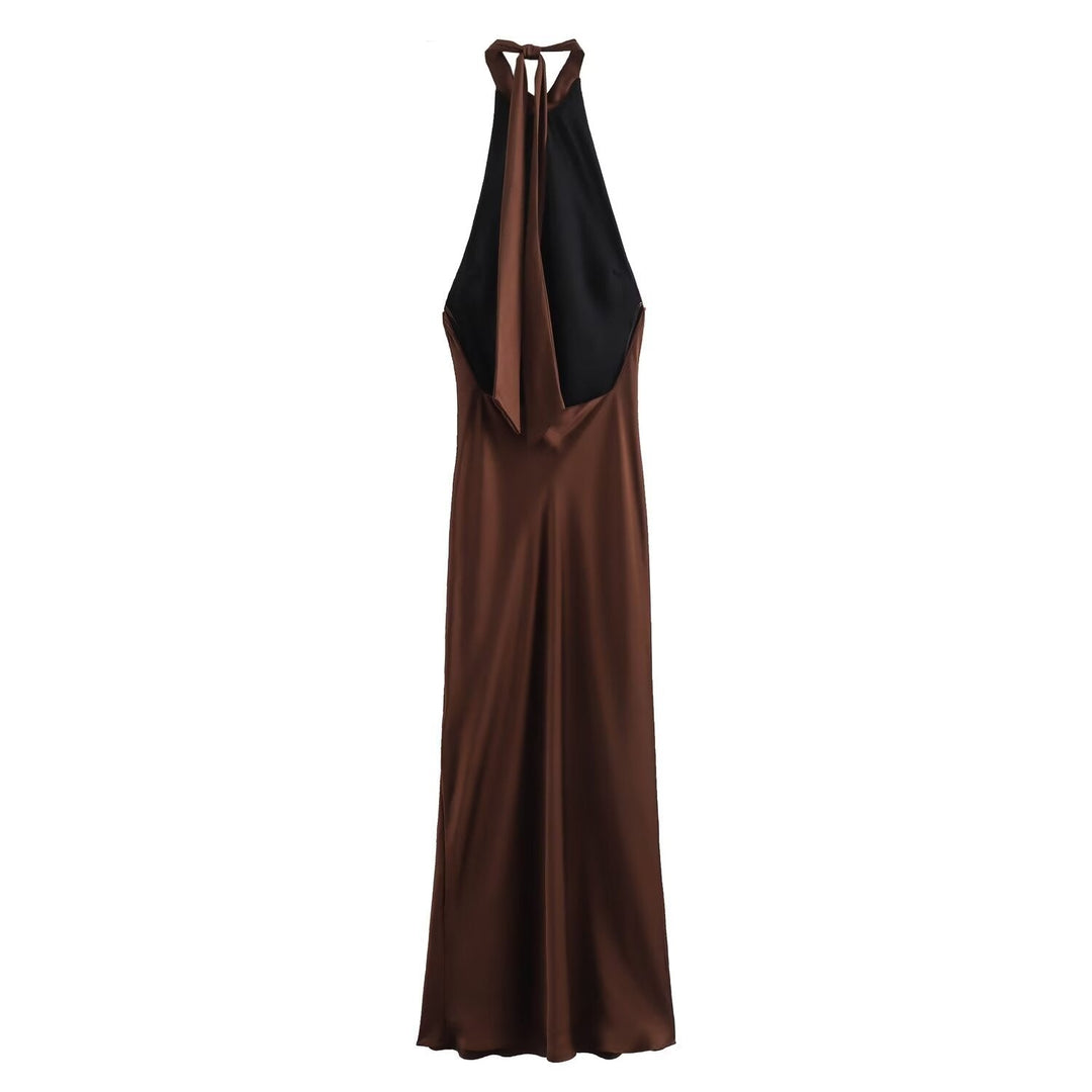 Women's brown sleeveless halter maxi dress with a slim floor-length silhouette