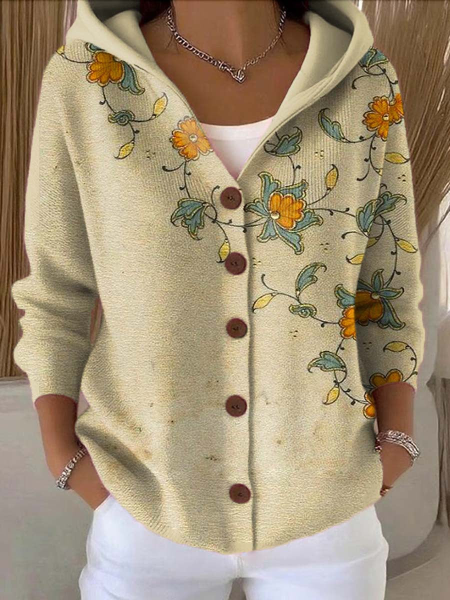 Women's hooded button cardigan with colorful patchwork pattern