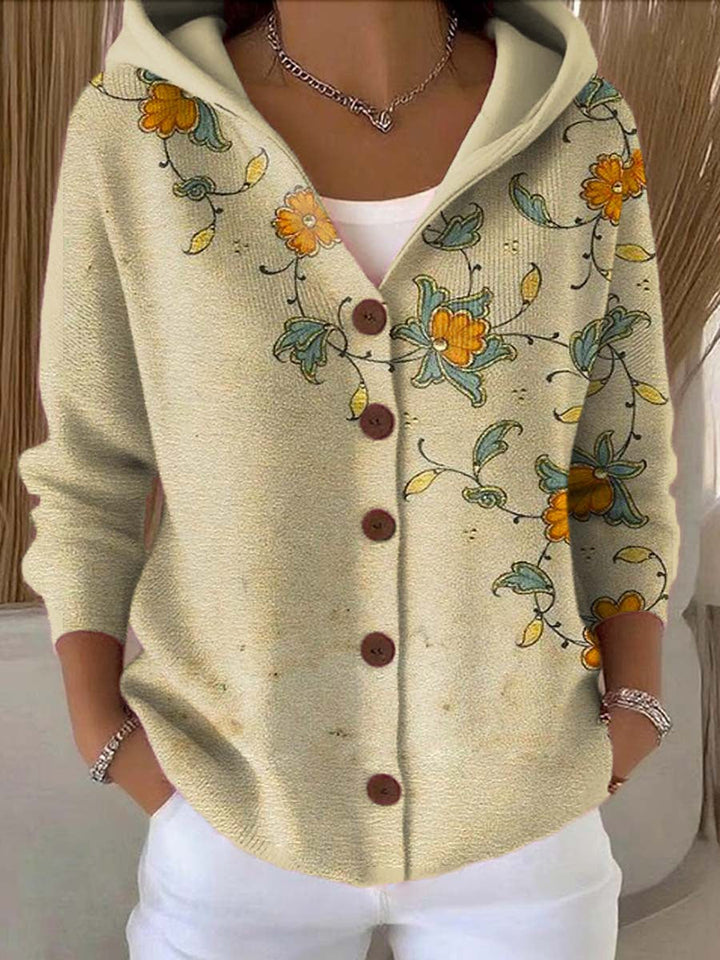 Women's hooded button cardigan with colorful patchwork pattern