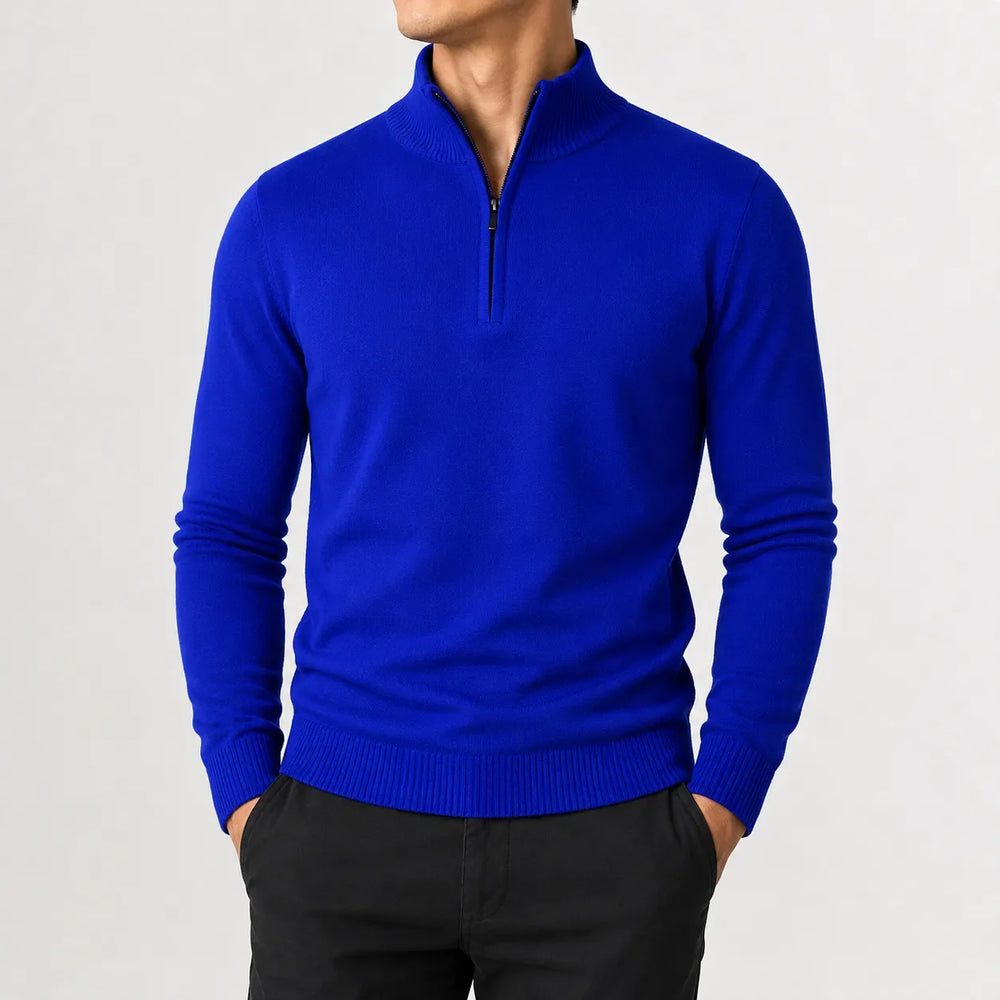 Men's long-sleeve zip-up mock neck sweater with ribbed trims
